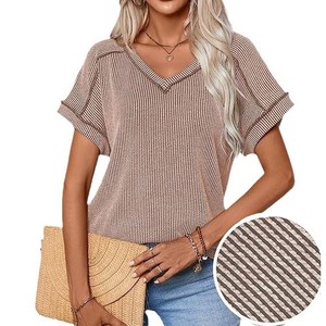 เสื้อคอวีแขนสั้นผ้ายืดทูโทนแฟชั่นสำหรับผู้หญิง ฤดูใบไม้ผลิ/ฤดูร้อน ปี 2026 - Product Image 5