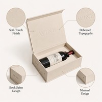 Boîte à vin personnalisée effet doux au toucher, style livre, couleur crème, avec typographie en creux, pour emballage de vin rouge 750 ml