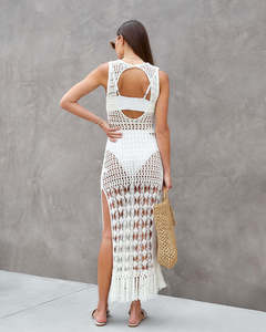 Robe <span class=keywords><strong>longue</strong></span> de plage JSN en maille ajourée à franges, idéale comme paréo ou cache-maillot de bain - Product Image 2