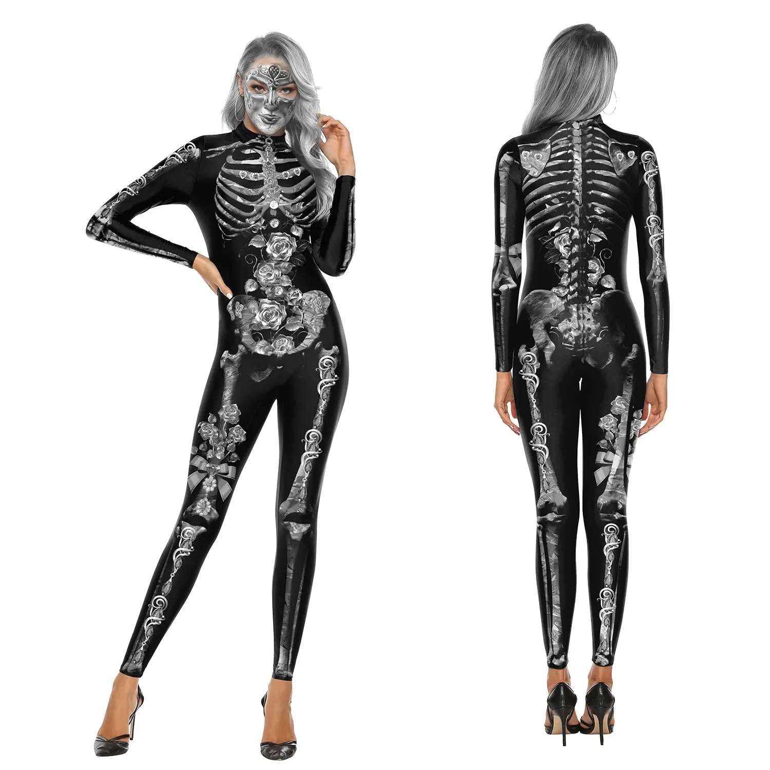 ชุดคอสเพลย์3D โครงกระดูกผู้หญิง,จั๊มสูทชุดฮาโลวีนชุดพาเหรดผู้ใหญ่จั๊มสูทกระดูกกุหลาบเสื้อผ้าคอสเพลย์