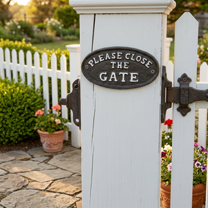 Rustic Cast Iron Oval Please Close The Gate <b>Sign</b> Vintage Metal Wall Plaque for Porch <b>Garden</b> <b>Outdoor</b> Indoor Home Decoration Use - Product Image 1