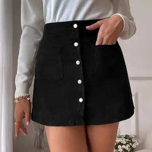 Saias de veludo cotelê de botão outono feminino cintura alta elástica com bolso lateral mini saia saias mini falda curta