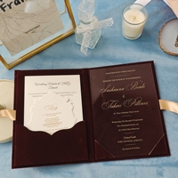 Folio de luxe en velours marron avec couverture rigide, invitation de mariage en acrylique doré, suite d'invitations de mariage avec cartes RSVP gaufrées