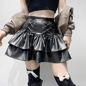 Minifaldas de cuero PU estilo Punk cintura alta con cordones vendaje Falda plisada negra ropa de calle para Niñas Ropa de <span class=keywords><strong>Academia</strong></span> oscura - Product Image 2