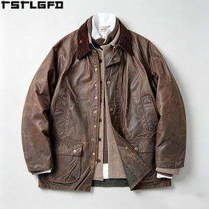 Oem Odm Waxed Cotton <b>Jacket</b> Corduroy Collar Vintage Distressed Brown Field <b>Jacket</b> Water Resistant Hunting Coat Bulk - Product Image 1