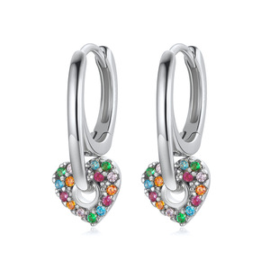 <strong>Sterling</strong> <strong>Silver</strong> 925 <strong>Silver</strong> Post Needle Dangle <strong>Hoop</strong> <strong>Earrings</strong> <strong>Small</strong> Heart-Shaped Cubic Zirconia Trendy Women &amp; Men Party - Product Image 5