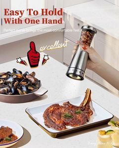 Gravity Adjustable Ceramic Salt and Pepper Grinder Set Plastic <b>Spice</b> <b>Jar</b> Manual Black Pepper Mill with Blue Light and Stand - Product Image 3
