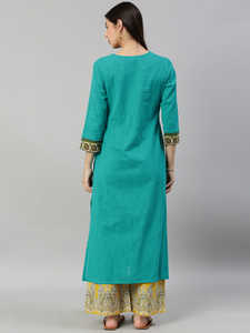 Ensemble Kurta et Palazzo en Coton Slub Cambric Décontracté pour Femme, Longueur Cheville, Motif Floral Teal Imprimé, Respirant, Écologique, Séchage Rapide - Product Image 5