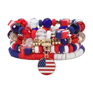 Wholesale American USA Flag Independence Day Polymer Clay Beaded Taylor Stretch Bracelets