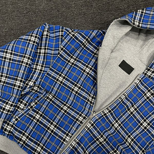 Nouveaux produits – Sweats à capuche décontractés rétro vintage à carreaux bleus avec design patchwork et fermeture éclair double face - Product Image 3