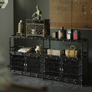 Handmade Black Bamboo Tea Cabinet 900mm Above Four Doors <b>Sideboard</b> Living Room <b>Storage</b> Display Cabinet - Product Image 4