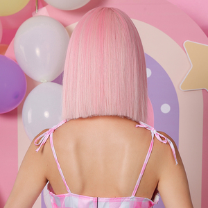 Peluca sintética de Bob rosa con entrega inmediata para mujer, pelucas cortas y rectas con <span class=keywords><strong>flequillo</strong></span>, fiesta de pelo falso de Cosplay de colores rosas - Product Image 3