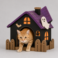Maison pour chat en carton ondulé, style chalet hanté, griffoir et grotte intérieure pour chat avec boule suspendue