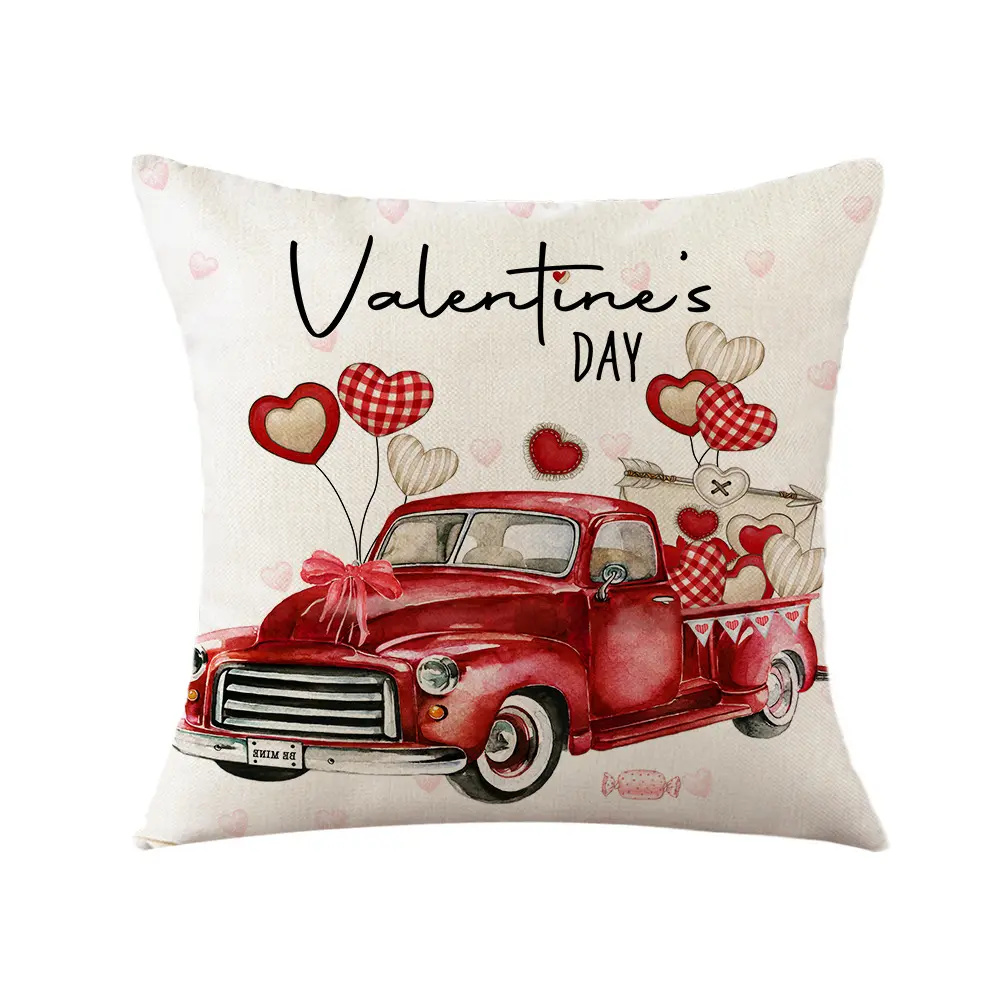 Valentine 'S Day Truck Love Rose Bloemenprint Patroon Linnen Kussensloop, Thuis Sofa Decoratieve Kussenhoes Voor Valentijn