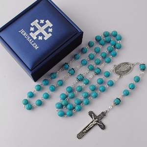 8mm turchese pietra perline <span class=keywords><strong>rosario</strong></span> <span class=keywords><strong>collana</strong></span> da uomo gioielli religiosi cattolici <span class=keywords><strong>in</strong></span> <span class=keywords><strong>argento</strong></span> placcato con scatola blu - Product Image 3