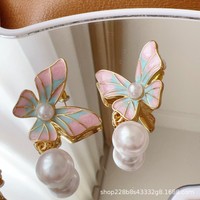 Anting Kupu-kupu Romantis Wanita Korea, Anting Mutiara Enamel, Perhiasan Telinga, Anting Temperamen Retro Gaya Kerajaan