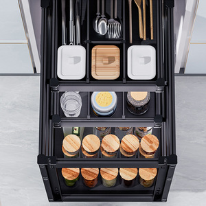 Unihopper Kitchen Seasoning Pull-Out Basket L Size <b>Adjustable</b> Drawer Style With Tray Wooden Lid <b>Square</b> Shape - Product Image 1