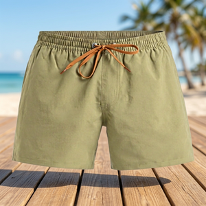 Shorts de Playa para Hombre, Color Verde Oliva Sólido, Secado Rápido, Cintura Elástica, Tejido Medio, Poliéster, Traje de Baño - Product Image 4