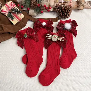 Hoge Kwaliteit Ins Spaanse Stijl Baby Kerst Kousen Gebreide Wollen Garen Meisje Kerst Sokken Met Boog