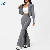 Ensemble de yoga côtelé pour femme avec fermeture éclair intégrale, leggings évasés à manches longues, tenue de fitness à col montant, vêtements de sport deux pièces