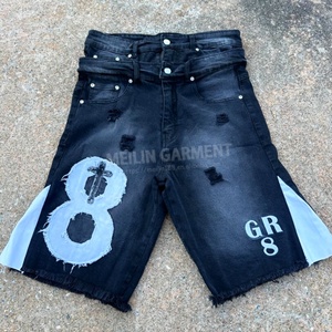 Shorts en jean vintage d'été sur mesure, de haute qualité, style streetwear ample, avec patchs déchirés, denim délavé, double taille - Product Image 3