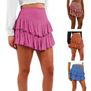Shirred High Waist Women <strong>Short</strong> <strong>Skirt</strong> With <strong>Shorts</strong> <strong>Underneath</strong> Solid Color Tiered Ruffle Hem Mini <strong>Pleated</strong> Flared A-Line <strong>Short</strong> <strong>Skirt</strong> - Product Image 2