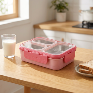 Boîte à lunch isotherme en acier inoxydable et plastique, pliable à trois niveaux, anti-fuite, pour enfants, capacité 700 ml, compatible micro-ondes - Product Image 4