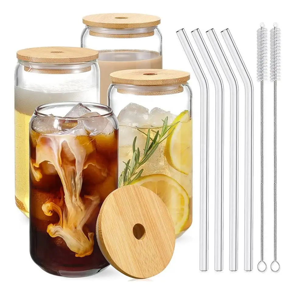 16oz Glass can Cups/ Drinking Glasses with Bamboo Lids and Glass Straw for Bear ,Tea & Smoothie