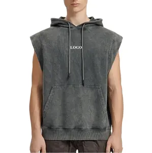 Custom logo cotton tank top mens oversized vintage wash sleeveless hoodie vest with string