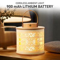 Lámpara de Mesa Moderna Desmontable de Madera Tallada con Pantalla Hueca y Asa de Cuero, Recargable Inalámbrica de 900mAh para Dormitorio y Mesita de Noche