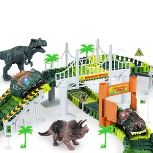 208件老虎机赛车恐龙玩具恐龙跑道电动建筑diy组装儿童迪诺场景玩具赛道