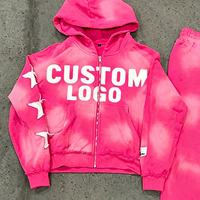 Ensemble de survêtement streetwear Y2K personnalisé avec logo, comprenant un sweat à capuche court zippé épais et un pantalon de survêtement en coton délavé effet usé