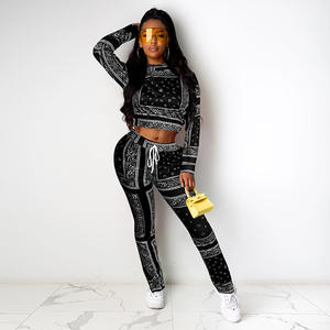 Completo da <span class=keywords><strong>Donna</strong></span> Europeo e Americano <span class=keywords><strong>con</strong></span> Top a Maniche Lunghe e <span class=keywords><strong>Pantaloni</strong></span> Casual <span class=keywords><strong>con</strong></span> Vita Elastica e Stampa - Product Image 3