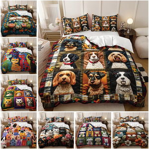 Ensemble de literie imprimé numérique en polyester-motif chat et chien, 1 housse de couette + 1/2 taies d'oreiller pour les amoureux des animaux de compagnie - Product Image 2