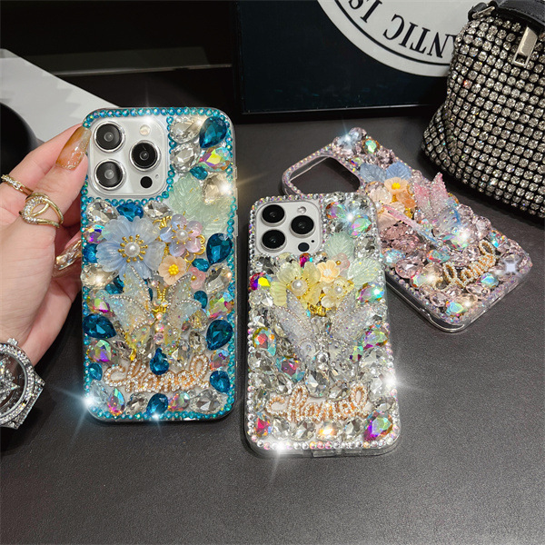 Luxury 3D Crystal Coloured Diamond Butterfly Hand Set Mobile Phone Case for iphone 16 Plus 17 Air Pro Max Shell Coque Back Cover