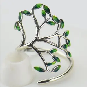 Huitan-anillo abierto con forma de árbol especial para mujer y niña, sortija de vides, hoja de plata antigua, piedra verde bonita