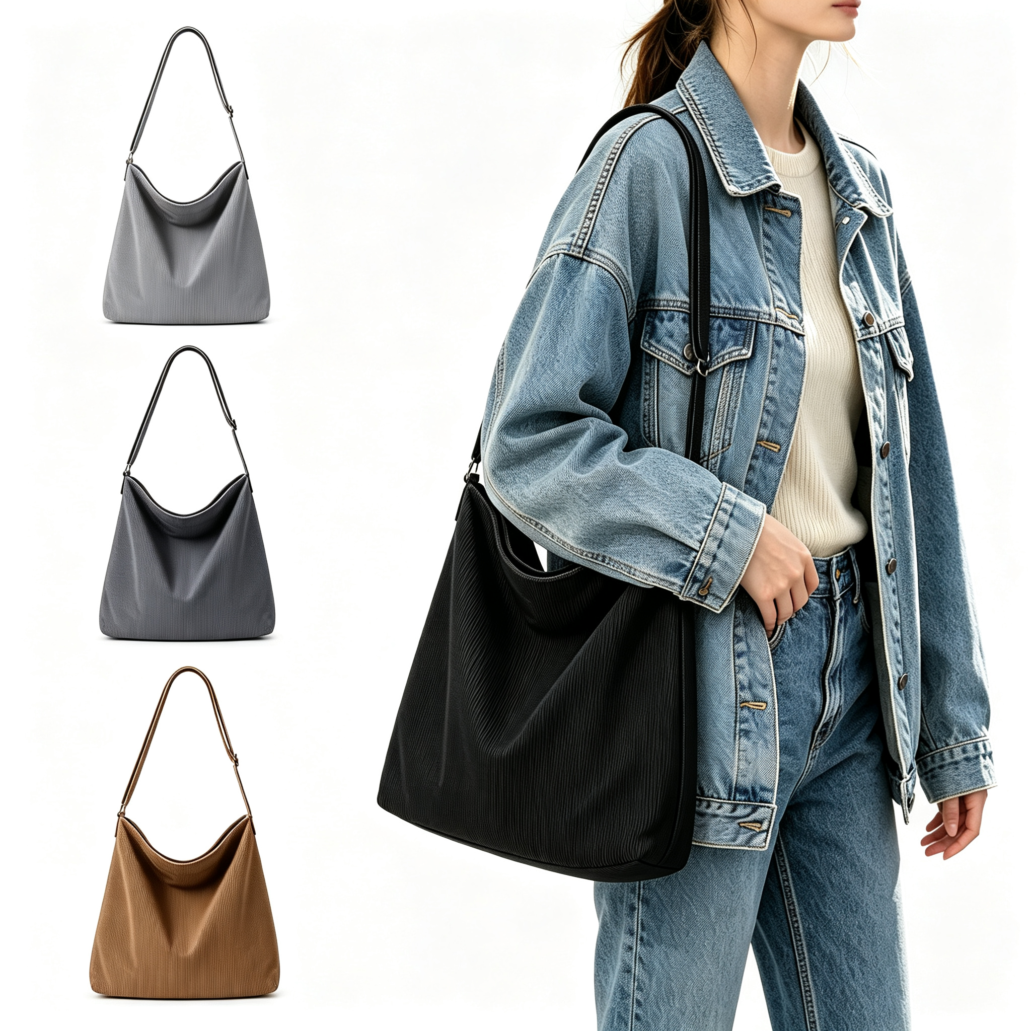 Women Ribbed Hobo Shoulder Bag