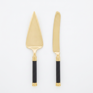 Premium Handmade Gold Cake Knife And Server <b>Set</b> With Black Handle Triangle Shape Perfect For Cakes And Muffins Serving - Product Image 1