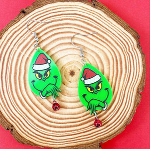 Boucles d'oreilles de Noël Grinch en gros, en cuir PU, motif goutte d'eau, nouvelle mode, imprimé léopard, monstre vert Grinch - Product Image 5