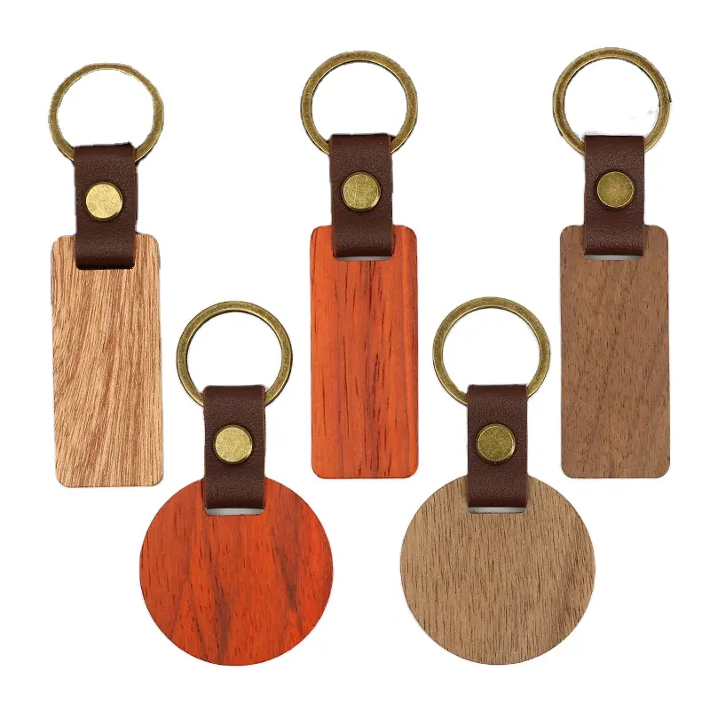 Leather Keychain Blanks Wooden Keychain Wood Tags Unfinished Blanks Wood Keychain With Leather Strap Keyring For DIY Crafts