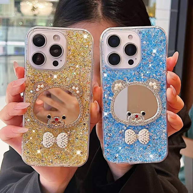 Luxury Bling Diamond Glitter Shell Bow Bear Head Makeup Mirror Phone Case for iPhone 15 Pro Max 17 16 14 13 12 11 TPU Back Cover