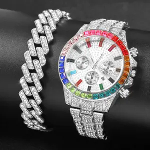 Jam tangan pria berlian penuh kalender jam tangan baja berlian imitasi warna-warni besar untuk pria dengan gelang emas YuSa483