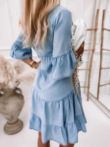 Mini Abito in Denim con Scollo a V e Maniche a Volant, Vestito Estivo da <span class=keywords><strong>Donna</strong></span> alla Moda, Abito Corto Boho a Strati per Spiaggia e Vacanze - Product Image 2