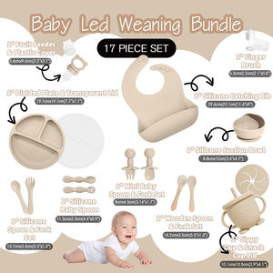 Haute qualité 17 pièces Silicone bébé alimentation ensemble avec plaque ronde avec couvercle bavoir bol cuillère fourchette tasse doigt brosse à dents pour enfants - Product Image 3