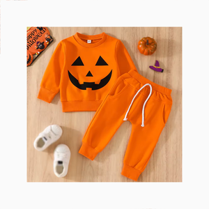 Disfraz de Halloween Personalizado con Estampado de Cara Sonriente para Niños Pequeños, Color Naranja, 80-120, Conjunto de 2 Piezas de Ropa para Bebés y Niños Pequeños, Sudadera y Pantalones - Product Image 1