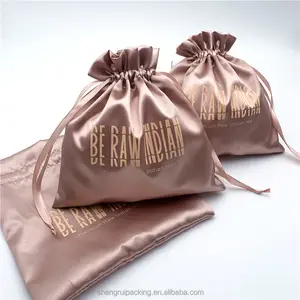 プレミアム生インドヘアエクステンションサテンシルク包装バッグローズゴールドサテンスキンケアダストバッグ