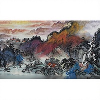 Grande Peinture Paysagère Traditionnelle Chinoise Bleu-Vert Peinte à la Main Lingfeng Art Gallery sur Papier Xuan, Style Encre Lavée, pour Salon et Hôtel