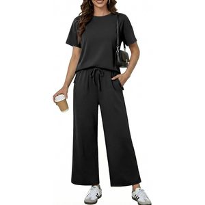 Ensemble 2 pièces pour femmes FOXA, haut à manches courtes, pantalon large, tenue décontractée d'été, ensemble de survêtement en tricot respirant - Product Image 1