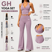 Ensemble soutien-gorge de yoga dos nu en V profond brossé avec logo personnalisé GH pour femme, taille haute, ajustement serré, contrôle du ventre, respirant, grande taille, pour la gym et l'entraînement