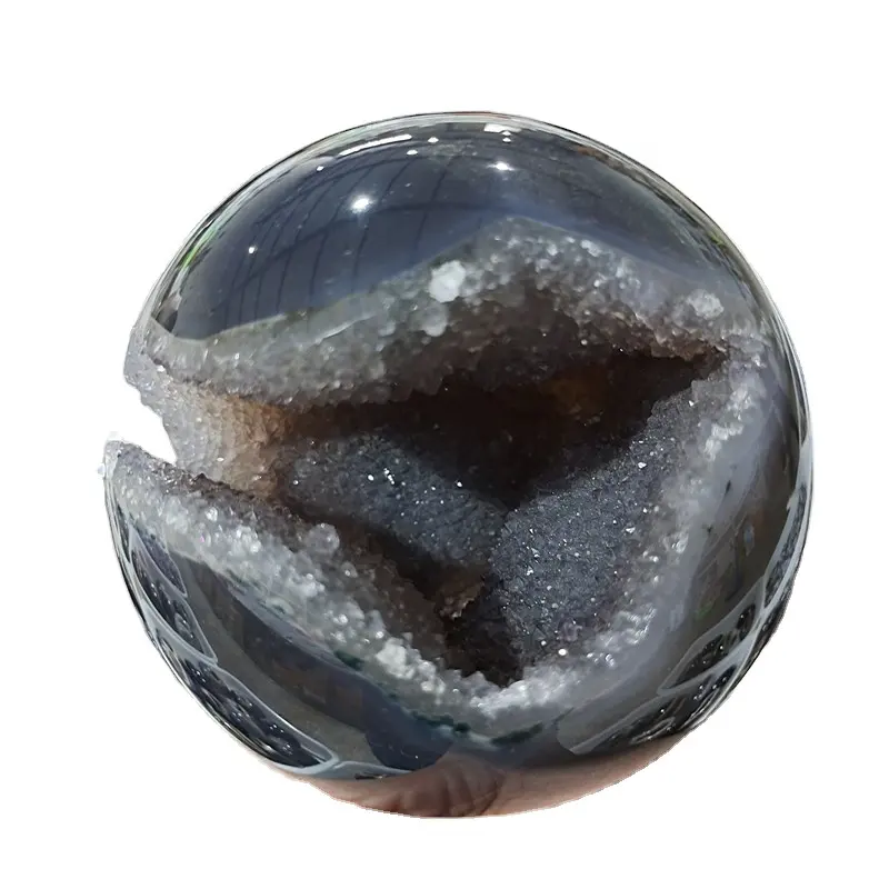 Natural Polished Open Mouth Agate Geode Druzy Agate Ball Quartz Crystal Gemstone Stand Reiki